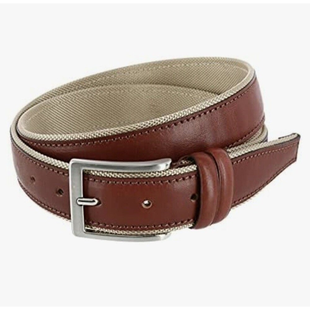 BOSS Hugo Handmade ITALY Golf Belt Men 44 Leather Canvas Cognac Tan Woven Casual